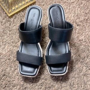 KARL LAGERFELD CAMBIA LEATHER ESPADRILLE WEDGE SANDALS IN BLACK SZ-8